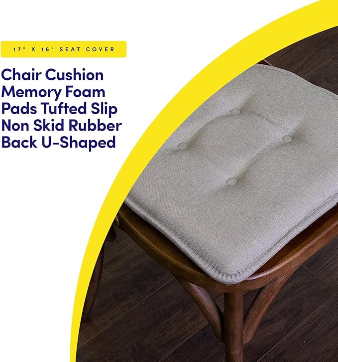 Sweet Home Collection Chair Cushion Memory Foam Pads Tufted Slip Non Skid Rubber Back U-Shaped 17" x 16" Seat Cover, 12 Count (Pack of 1), Khaki 18