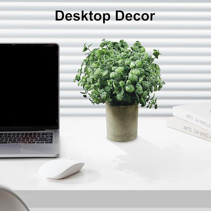 USLAI Small Potted Fake Plants(3-Pack), Mini Artificial Plastic Eucalyptus Plants Topiaries for Home Office Shelf Desk Farmhouse Room Coffee Table Decor