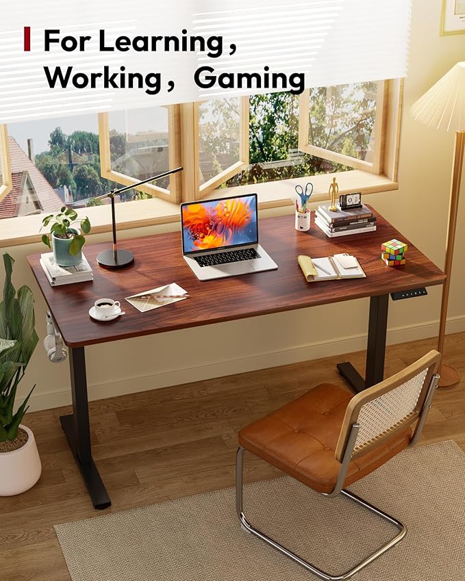 SANODESK Electric Standing Desk 60 x 24 Inches Whole-Piece Desktop Height Adjustable Stand Up Desk w/6-Button Controller Ergonomic Computer Desk for Home Office, Black Frame + Mahogany Tabletop