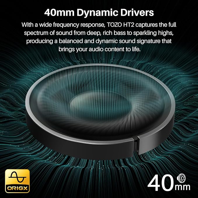 TOZO HT2 Hybrid Active Noise Cancelling Headphones, Wireless Over Ear Bluetooth Headset, 60H Playtime, Hi-Res Audio Custom EQ via App Deep Bass Comfort Fit Ear Cups, for Home Office Travel Khaki