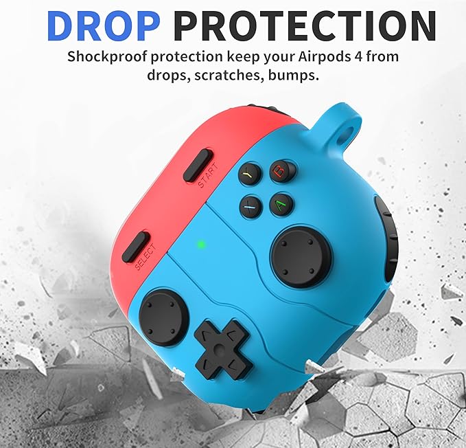 DamonLight Game Case for AirPods 4 Cover Shock-Proof Protective Silicone Case with Cleaning Pen and Keychain Accessories for Apple Airpods 4th Generation (Blue & Red)