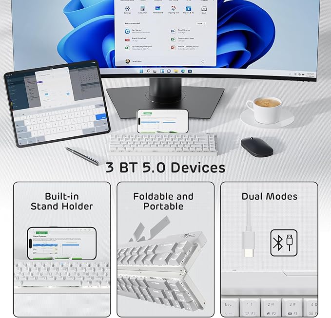 RK ROYAL KLUDGE F68 60% Foldable Low Profile Mechanical Keyboard, Wireless Mechanical Keyboard with Aluminum Body, Built-in Stand Holder, White Backlit, 68 Keys, Quiet Red Switch