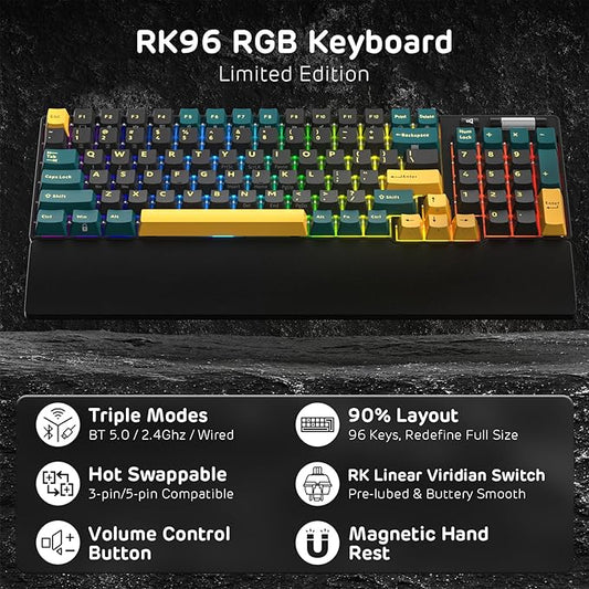 RK ROYAL KLUDGE RK96 RGB Limited Ed, 90% 96 Keys Wireless 3-Mode BT5.0/2.4G/USB-C Hot Swappable Mechanical Keyboard w/Wrist Rest, Volume Control, Software, Massive Battery, RK Viridian Switch