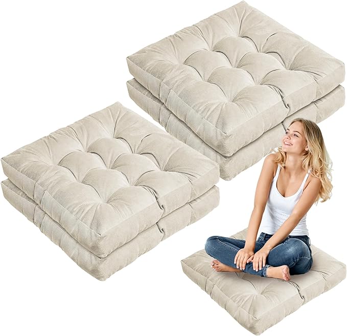 Jerify 4 Pcs Floor Pillow Cushions 22 x 22 Inch Round Square Large Meditation Floor Pillow for Classroom Adult Meditation Picnic Party Cushion for Seating Gift Christmas(Beige,Square)