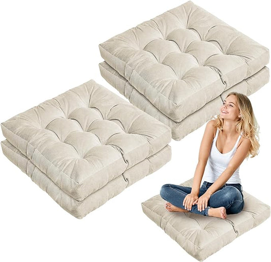 Jerify 4 Pcs Floor Pillow Cushions 22 x 22 Inch Round Square Large Meditation Floor Pillow for Classroom Adult Meditation Picnic Party Cushion for Seating Gift Christmas(Beige,Square)