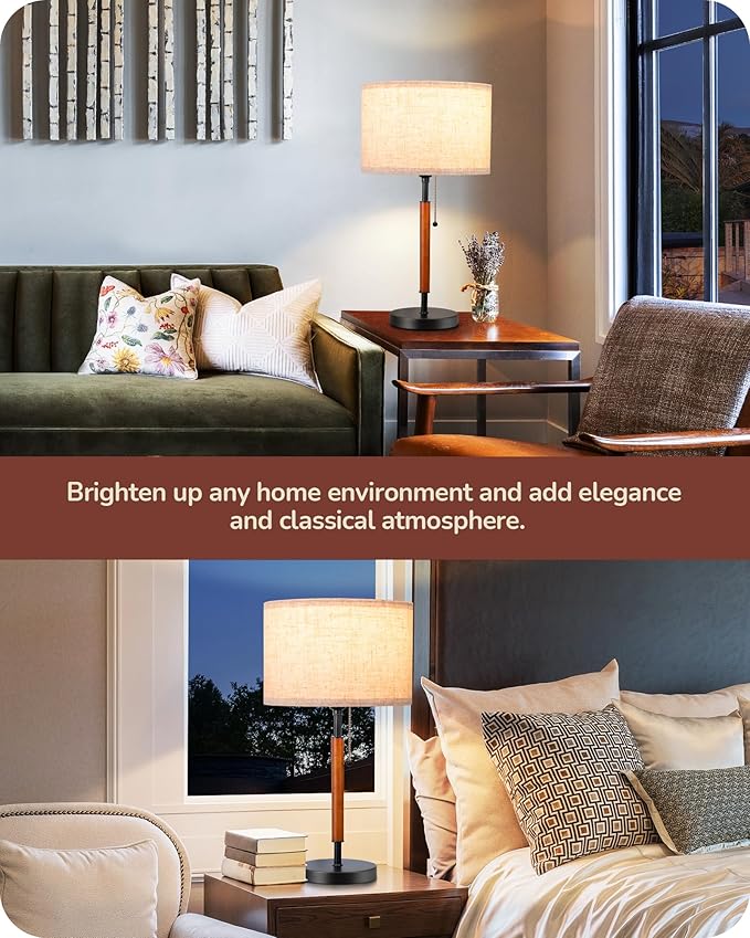 EDISHINE Mid Century Table Lamp, Pull Chain Switch Bedside Lamp with Linen Shade, Solid Wood Pole & Black Metal Base, Modern Nightstand Lamp for Bedroom, Living Room, Office, E26 Base