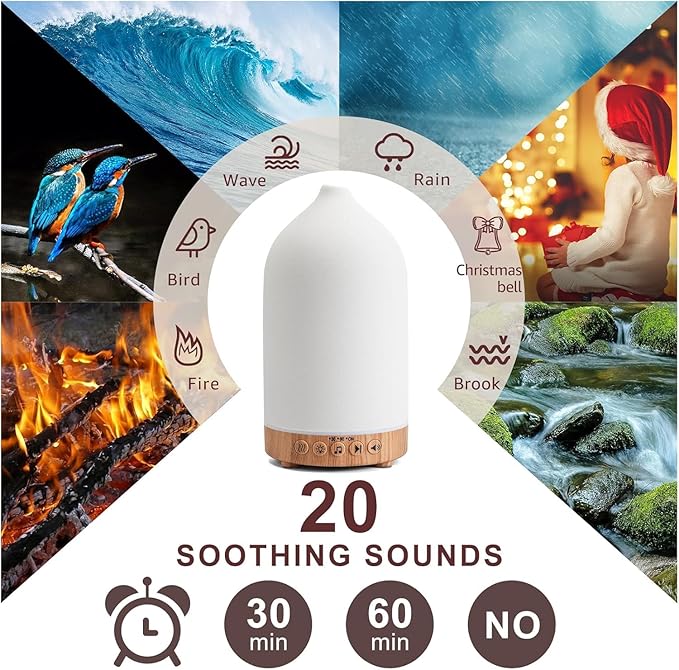 200ML White Noise Ceramic Diffuser,Sleep Sound Machine with 20 Natural Soothing Sounds, 7 Color Lights,Essential Oil Diffuser, Timer for Baby, Kids, Adults, Office, Home(Wood Grain) Upgrade