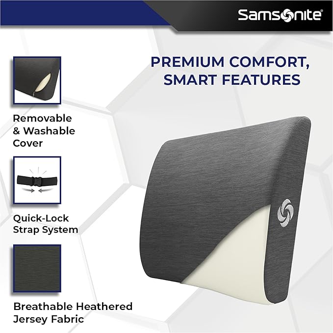 Samsonite Ergonomic Lumbar Support Pillow for Office Chair and Car Seat - Memory Foam Back Support Lumbar Pillow Premium Cushion Chair Support for Lower Back Pain Relief and Versatile Use (Slate Grey)