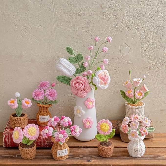 Handmade Crochet Flowers, Small Potted Plants, Knitted Desk Decorations for Home Office Decor (Two Sunflowers)