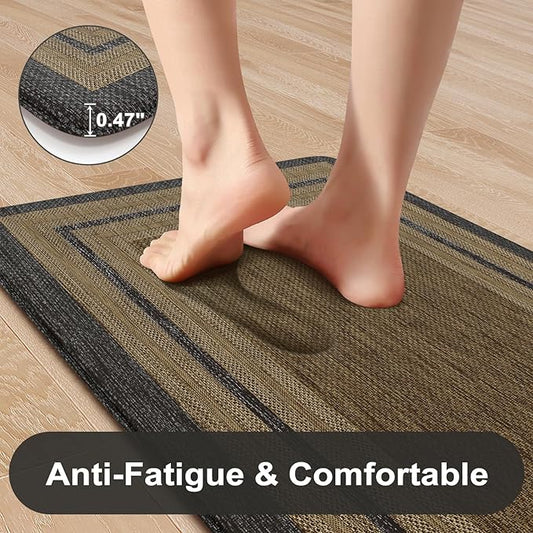 KIMODE Anti Fatigue Mats for Kitchen Floor 17.3"x29"+17.3"x59", Farmhouse Kitchen Rugs Sets of 2, Memory Foam Kitchen Mat for Floor, Comfort Standing Mats for Laundry Office Sink Desk Grey/Brown