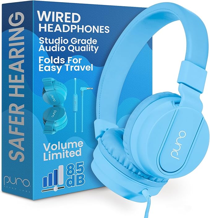 Puro Sound Labs PuroBasic Wired Headphones for Kids - Volume-Limiting & Adjustable with Microphone – Compatible with Smartphones, Tablets, PCs, and More – Safe, Durable Headphones for Kids – Blue