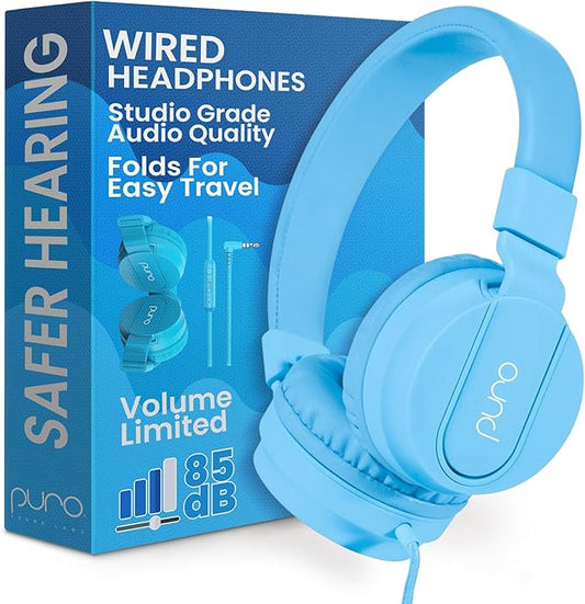 Puro Sound Labs PuroBasic Wired Headphones for Kids - Volume-Limiting & Adjustable with Microphone – Compatible with Smartphones, Tablets, PCs, and More – Safe, Durable Headphones for Kids – Blue