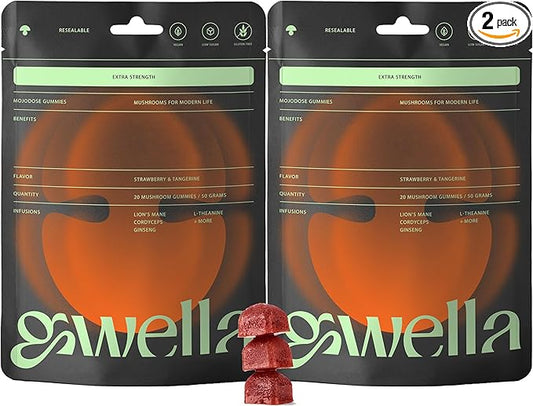 Gwella Focus Gummies with Lion’s Mane, Panax Ginseng, Ginger Root, Cordyceps, SAM-e, and Nootropics, Energy and Focus Supplement, Vegan, Strawberry Tangerine (20 Count - Pack of 2)