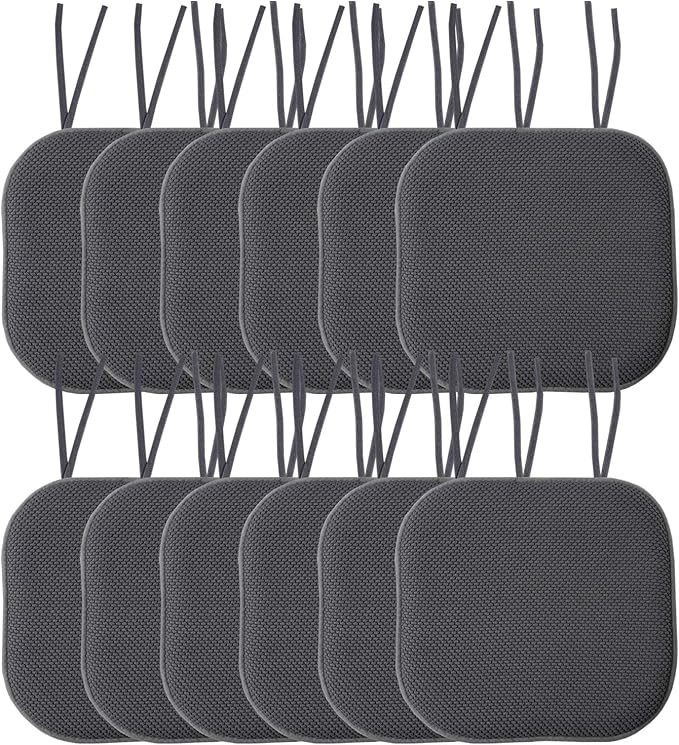 Sweet Home Collection Chair Cushion Memory Foam Pads with Ties Honeycomb Pattern Slip Non Skid Rubber Back Rounded Square 16" x 16" Seat Cover, 12 Pack, Charcoal Gray 12 Pack