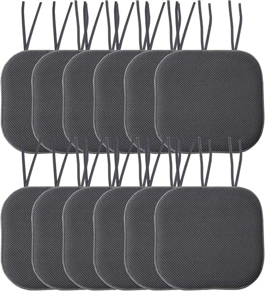 Sweet Home Collection Chair Cushion Memory Foam Pads with Ties Honeycomb Pattern Slip Non Skid Rubber Back Rounded Square 16" x 16" Seat Cover, 12 Pack, Charcoal Gray 12 Pack