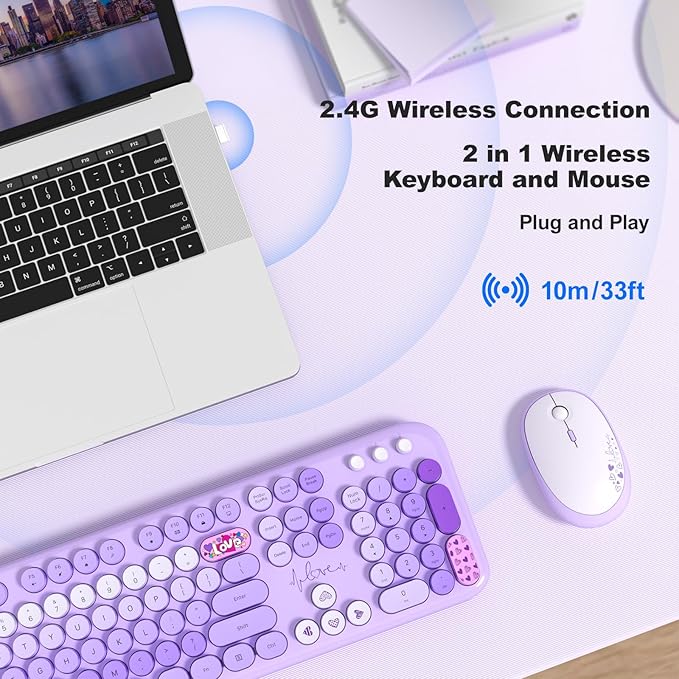 MOFII Wireless Keyboard and Mouse Combo, Cute Colorful Full Size Keyboard and Adjustable Mouse, 2.4GHz Retro Typewriter Keyboard and Mouse Set for PC/Desktop/Laptop/Windows (Purple Colorful)