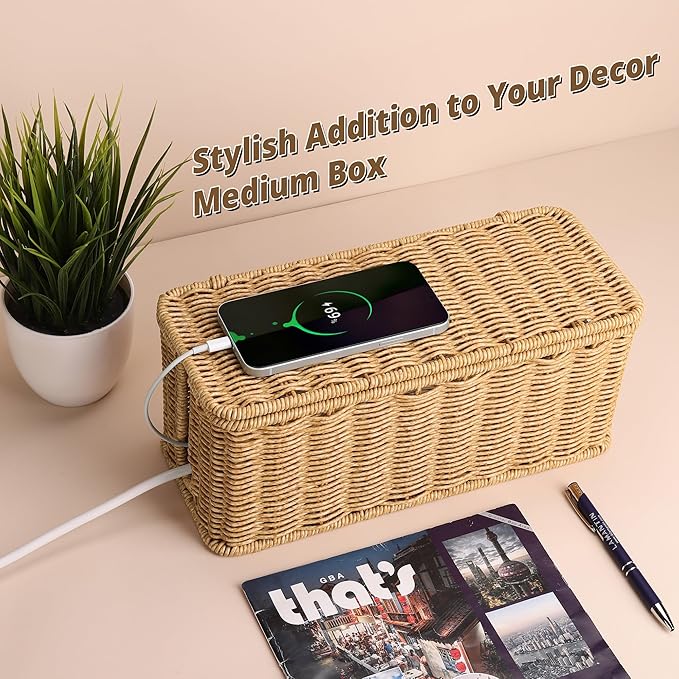 Handmade Cable Management Box Brown, Imitation Rattan Cord Organizer Cord Hider Box, Cable Organizer Box for Desk, Cord Management Box to Hide Cords and Power Strip L12.5'' W5'' H5.2''
