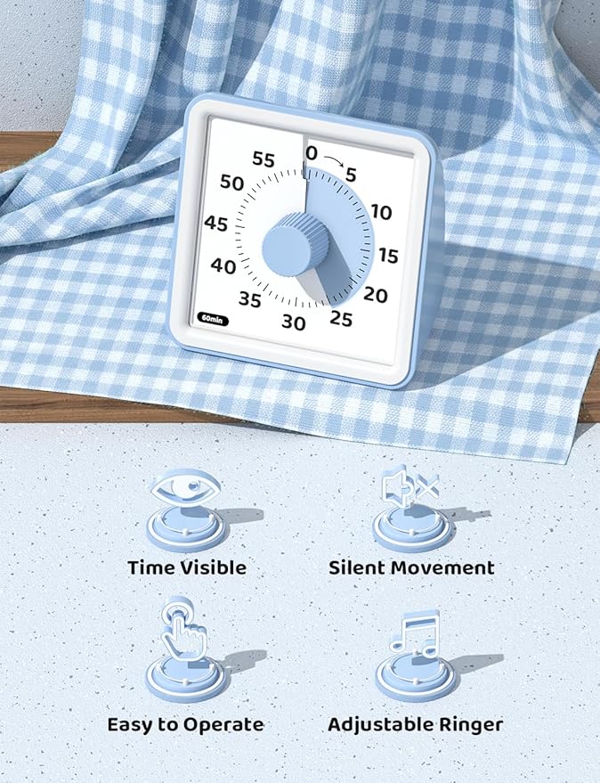 LIORQUE Visual Timer for Kids, 60-Minute Countdown Timers for Classroom Office Kitchen with Silent Operation, Kids Timer for Teaching (Batteries Included)