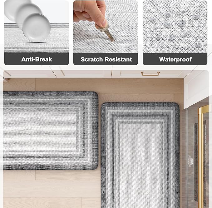 KIMODE Anti Fatigue Kitchen Mats for Floor 2 Piece, Cushioned Farmhouse Kitchen Rugs, Non Slip Kitchen Floor Mats, Comfort Foam Standing Desk Mats for Laundry Office Sink Grey 20"x71"+20"x32"