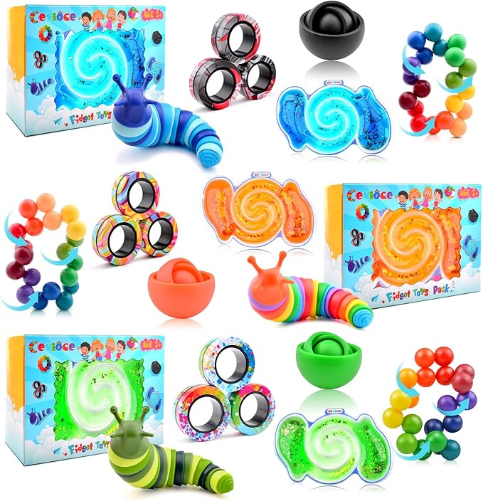 Cevioce 15Pcs Fidget Toys Adults Pack,Stocking Stuffers for Teens Boys Girls,Autism Sensory Toys with Fidget Spinner Slug Magnetic Rings,Squishy Fidget Toys ADHD Stress Relief,Party Favor for Kid-BOG