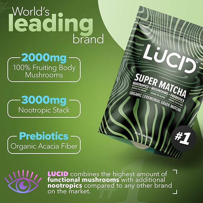 Lucid Superfood Organic Mushroom Matcha with Nootropics - Lion's Mane, Tremella, Cordyceps & Turkey Tail - Instant Mushroom Matcha Focus Brain Health - Alpha GPC, L-Theanine, Ginko Biloba - USA Made