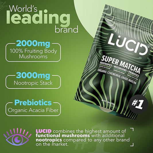 Lucid Superfood Organic Mushroom Matcha with Nootropics - Lion's Mane, Tremella, Cordyceps & Turkey Tail - Instant Mushroom Matcha Focus Brain Health - Alpha GPC, L-Theanine, Ginko Biloba - USA Made