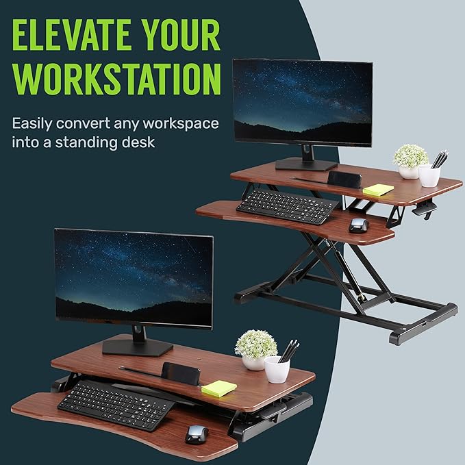 TechOrbits Standing Desk Converter - 32 Inch Adjustable Sit to Stand Up Desk Workstation, MDF Wood, Ergonomic Riser with Keyboard Tray, Desktop Riser for Home Office Computer Laptop, White 32"