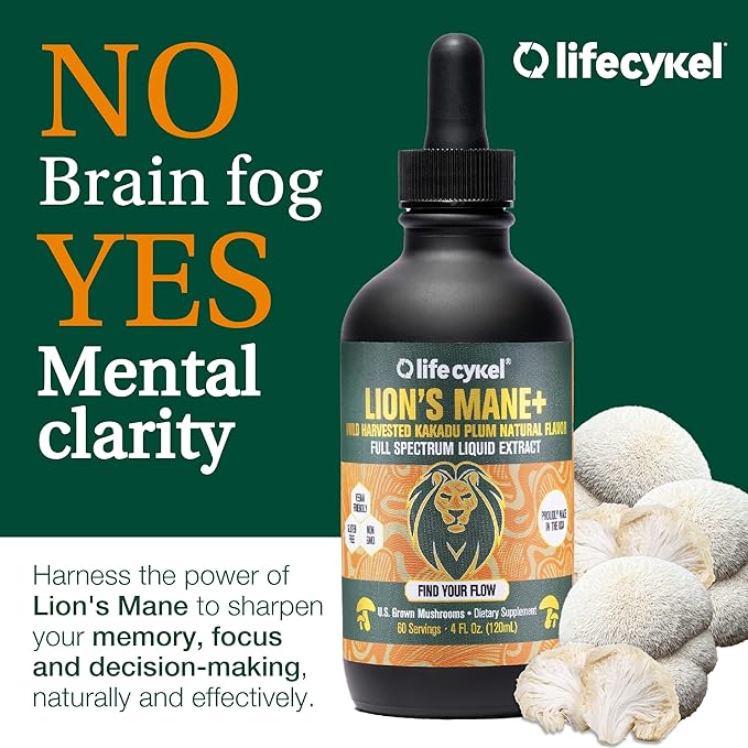 Lifecykel Lion's Mane Mushroom Extract w/Kakadu Plum- Memory Focus Clarity REM Sleep-100% Organic Mushrooms Brain Booster Nootropic Brain Supplement Focus Supplement Made in US, 2 Fl oz (30 Servings)