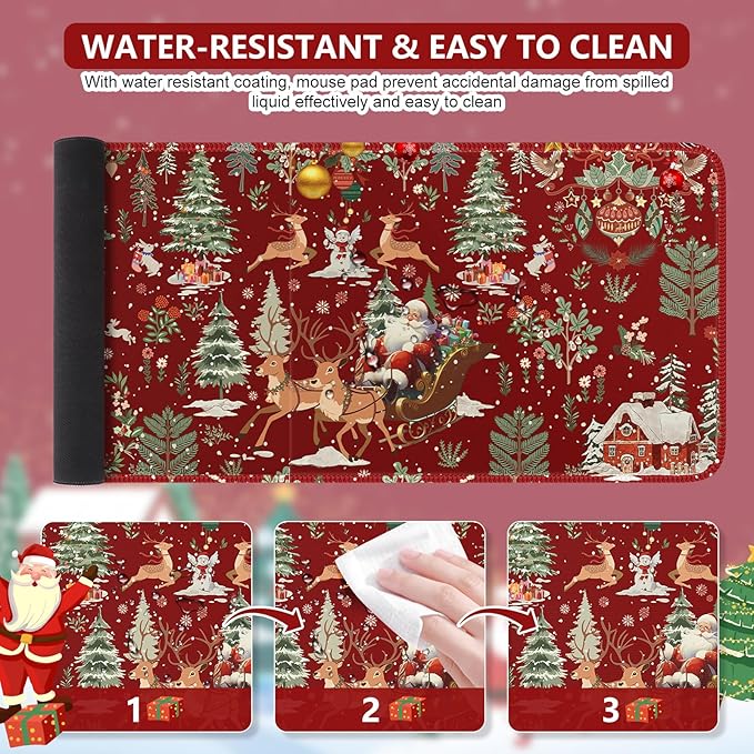 iCasso Christmas Desk Mat, Large Mouse Pad With Stitched Edges, Anti-Slip Big Mousepad for Desktop, Office Set for Women (Red)