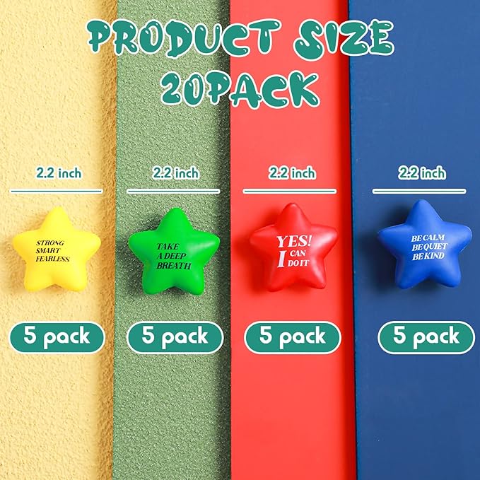 Kasyat 20 Pcs Star Stress Balls - 2.16" Motivational Squeeze Toys for Adults, Teens, Students & Party Favors