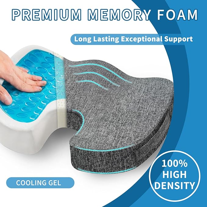 Seat Cushion for Long Sitting, Cooling Gel Memory Foam Seat Cushion - Back, Sciatica, Coccyx, Tailbone Pain Relief - for Office Chairs, Car Seat, Wheelchair Sitting Cushion (Black)