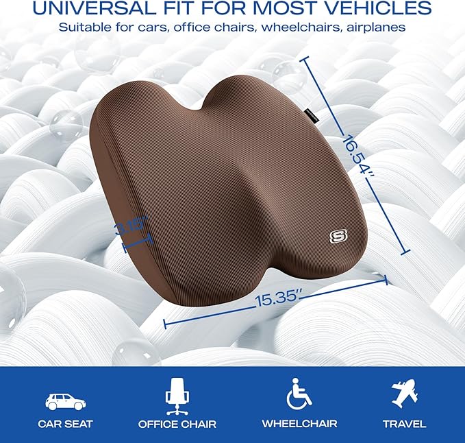 Skechers Memory Foam Seat Cushion,Ribbed Fabric Office Chair Cushion for Tailbone Pain Relief,Butt Pillow for Office Chair,Car Seat Cushion,Long Sitting Office Workers,and Car Drivers,Brown