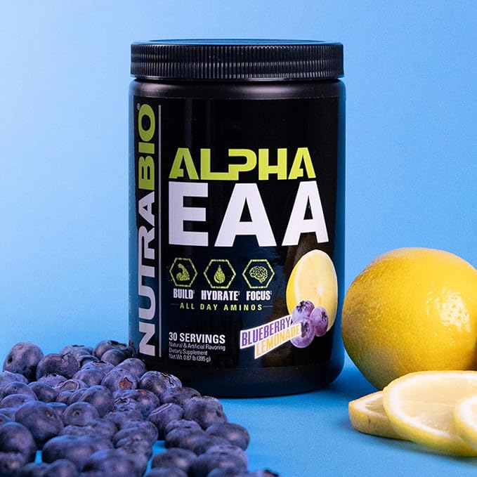 NutraBio Alpha EAA - All-Day Amino Acids for Muscle Growth and Hydration - Essential Amino Acids with Nootropics & Adaptogens- Full Spectrum EAA BCAA Powder - 30 Servings - Blueberry Lemonade