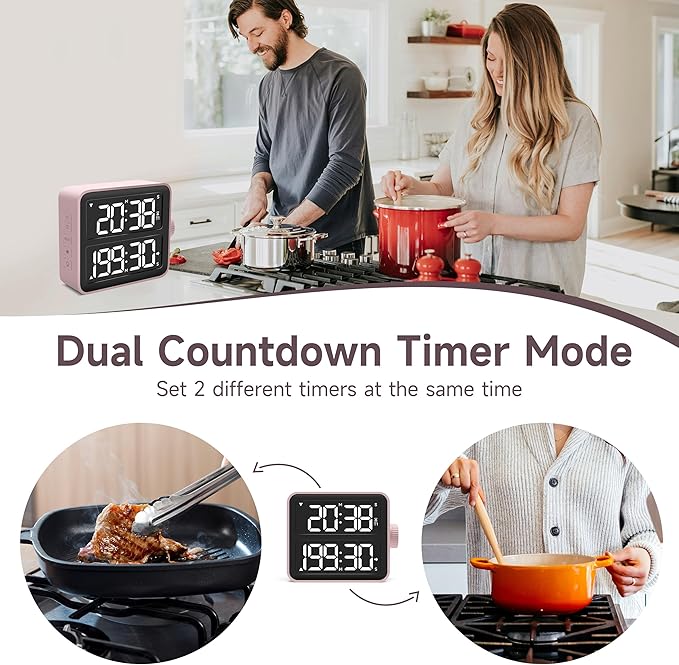 VEWINGL Dual Kitchen Timer Digital – 2-Channel Cooking Timer with Large Screen, Magnetic Back, Loud Alarm, Modern Pink Design for Various Timing Needs