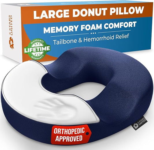 5 STARS UNITED Donut Pillow Hemorrhoid Tailbone Cushion – Large Cushion for Pain Relief – Coccyx, Prostate, Sciatica, Pelvic Floor, Pressure Sores, Pregnancy, Postpartum Recovery, Blue