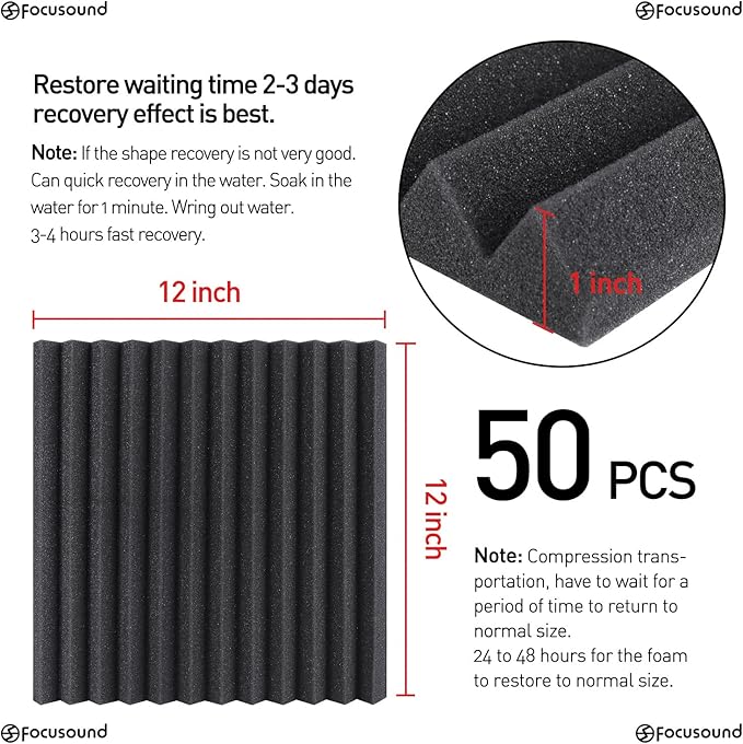 50 Pack Acoustic Foam Panels 1" x 12" x 12" Sound Proof Foam Panles Soundproofing Noise Cancelling Wedge Panels for Home Office Recoding Studio with 300PCS Double-Side Adhesive