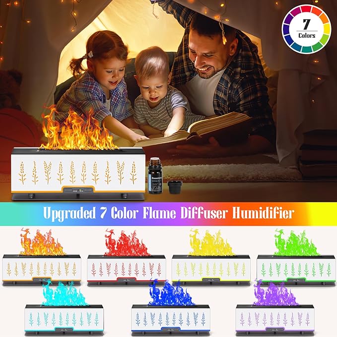 Colorful Essential Oil Diffuser, 7 Colors Flame Fire Diffuser, 200ML Ultra-Quiet Aromatherapy Diffuser with Remote Control, Timer Up, Auto-Off Protection for Home,Office,Bedroom (White)