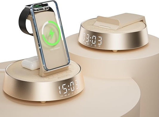 7 in 1 Wireless Charging Station, Alarm Clock for Bedroom with Dimmable Night Light Bluetooth Speaker, Dock Station for iPhone 16 15 14 13 12 11 Pro Max, Apple Watch