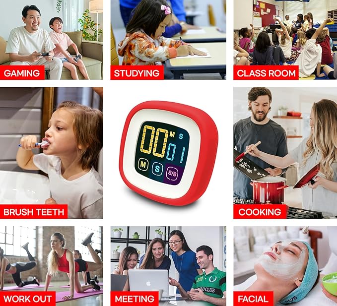 Digital Kitchen Timer, Countdown, Countup, Protective Rubber case, Large Display with Color Bold Digits, Touch Control, Backlit, Magnetic Kickstand, Loud Alarm, Auto Memory (Hot Rose)