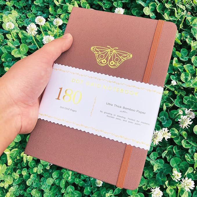 BUKE Mysterious Butterfly A5 Dotted Journal 180Gsm Dot Grid Journal Bamboo White Supper Thick Paper, 5 * 5MM Dot Grid 160 Pages,Colored Silver Edges,Waterproof Fabric Hardcover