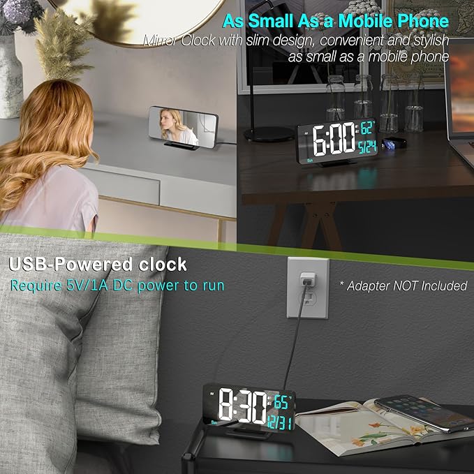 KOSUMOSU Digital Alarm Clock 6.7in Black Clock for Bedroom, Dual Alarm, Date, Seconds,Day of Week,12/24h,Dimming, Temp, Desk Clock, LED Clock for Living Room, Calendar Digital Clock