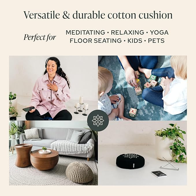 Mindful & Modern Large Meditation Cushion | Zafu Yoga Bolster Meditation Floor Pillow Seat | Buckwheat Hull Filled Crescent Shaped Cushion with Removable Washable Cover + Carry Handle