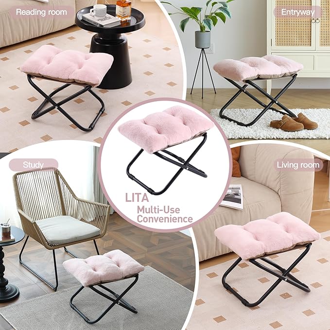 LITA Folding Footrest Stool, Portable Ottoman Foot Rest, Upholstered Small Foldable Ottoman Stool with Detachable Thick Cotton Cushion Padded Sofa Stool for Living Room, Bedroom, Plush Pink