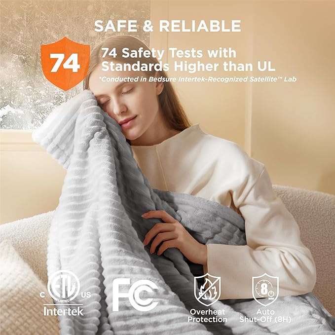 Bedsure GentleSoft Electric Blanket Full Size - Soft Ribbed Flannel Heated Blanket with 6 Heat Settings, Heating with 10 Time Settings, 8 hrs Timer Auto Shut Off (72x84 inches, Light Grey)