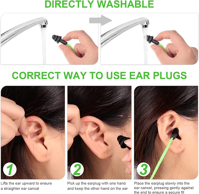 Tondiamo 200 Pairs Ear Plugs Reusable Silicone Earplugs with Cord Sleeping Individually Wrapped Hearing Protection Noise Cancelling Earplugs for Work Construction Shooting Sports(Green, Black)