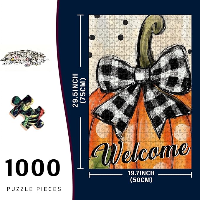 1000 Piece Difficult Wooden Jigsaw Puzzle Welcome Pumpkin Adults Kids Portable Travel Game Fun Stress Relief Brain Teaser & Educational Toy for Home Kitchen Decor 29.5x19.7 Inch