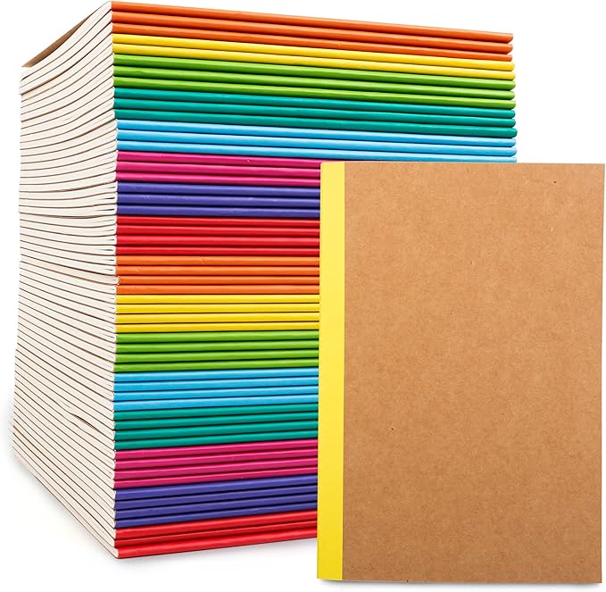 feela 56 Pack Composition Notebooks Bulk, Kraft Cover Lined Blank College Ruled Composition Travel Journals with Rainbow Spines For Women Students Business, 60 Pages, 8.3”x 5.5”, A5, 8 Colors