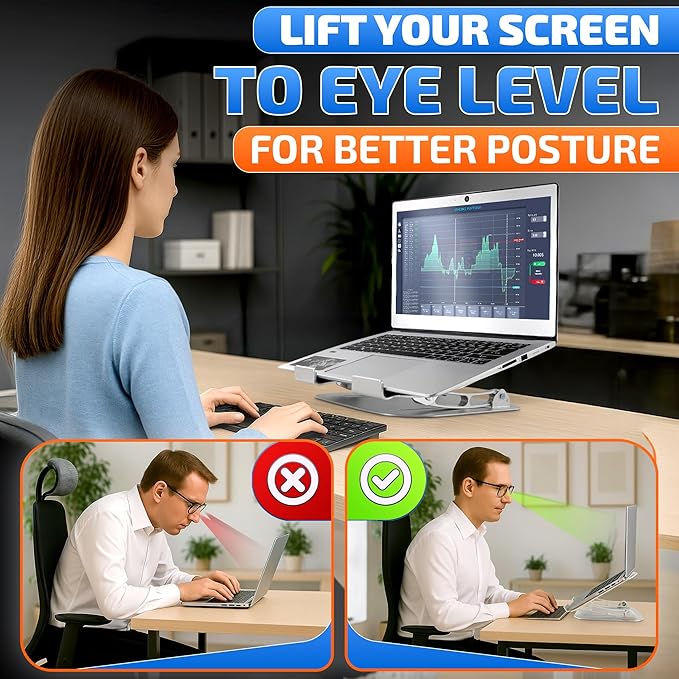 Adjustable Laptop Stand For Desk - Portable Laptop Riser for Desk with Ventilation Slots for Enhanced Airflow, Non-Skid Silicone Pads, Adjustable Height & Angle - Computer Stand for 10-17.3" Laptops