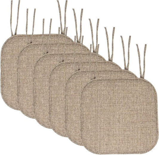 Sweet Home Collection Chair Cushion Memory Foam Pads with Ties Honeycomb Pattern Slip Non Skid Rubber Back Rounded Square 16" x 16" Seat Cover, 6 Pack, Aria Brown