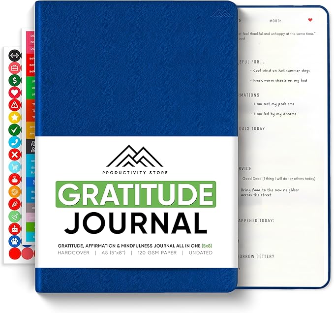 PRODUCTIVITY STORE Gratitude & Self-Care Journal - Guided Mindfulness & Mental Health Journal All-in-One with Prompts for Self Discovery - Daily Journal for Men & Women (A5, Navy)